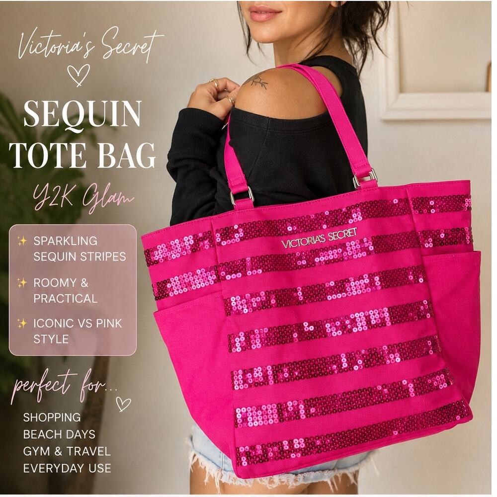 Victoria's Secret Hot Pink Sequin Stripe Tote Bag Y2K Glam Shoulder Bag Barbie